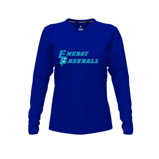 [CUS-DFW-TEES-PER-VNK-LSL-RYL-FYXS-LOGO2] Decker Performance T-Shirt (Female Youth XS, Royal, V Neck, Logo 2, Long Sleeve)