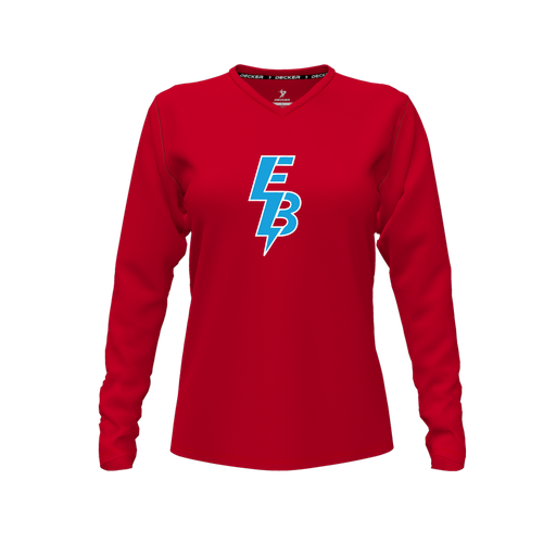 [CUS-DFW-TEES-PER-VNK-LSL-RED-FYXS-LOGO1] Decker Performance T-Shirt (Female Youth XS, Red, V Neck, Logo 1, Long Sleeve)